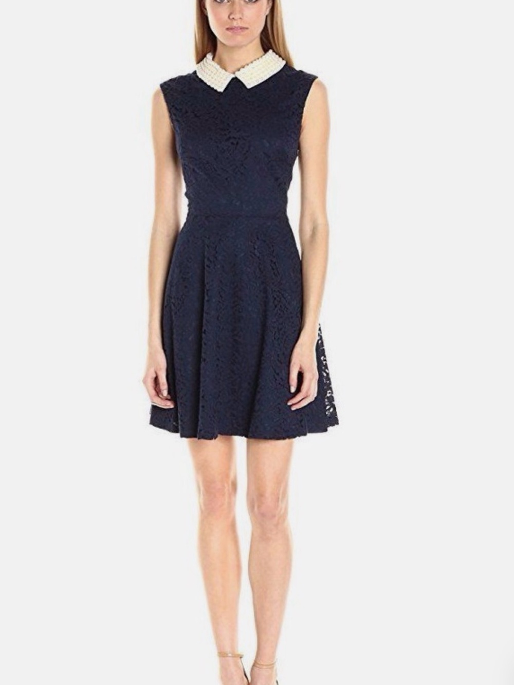 Betsey Johnson Navy Lace Fit-and-Flare Dress with Pearl Collar